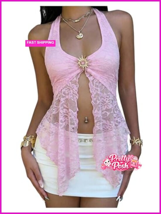 Tops - Halter Tank Top Tie Backless Y2K Crop Top Split Sleeveless Going Out